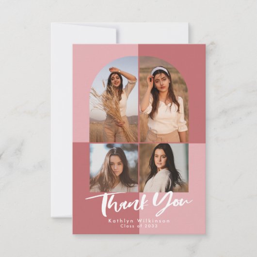 Elegant Roos Roze Arch 4 Foto Afstuderen Bedankkaart (Voorkant)