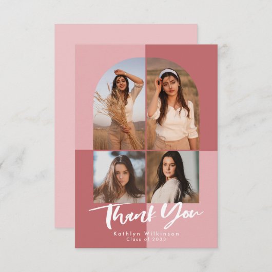 Elegant Roos Roze Arch 4 Foto Afstuderen Bedankkaart (Voorkant / Achterkant)