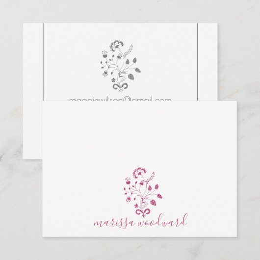 Elegant Roos Roze Bloemen Wijnstok Script Naam Notitiekaartje (Voorkant / Achterkant)