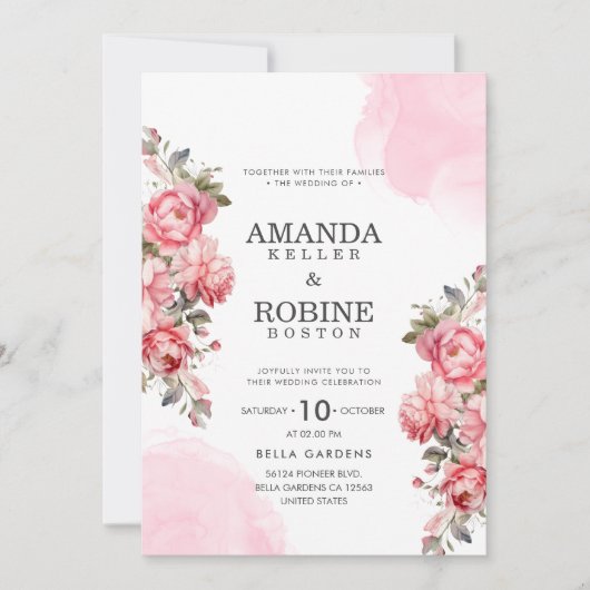 Elegant Roos Roze Botanische Huwelijksuitnodiging Kaart (Voorkant)