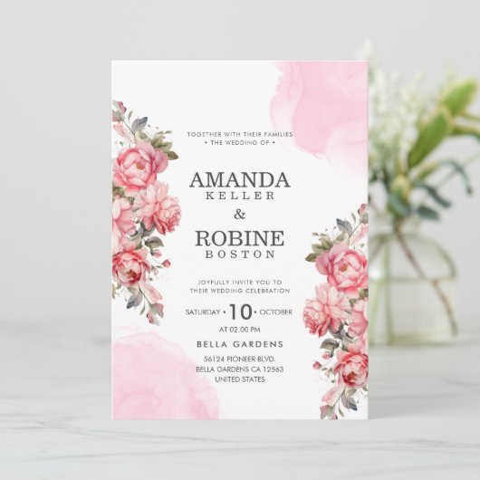 Elegant Roos Roze Botanische Huwelijksuitnodiging Kaart (Staand voorkant)