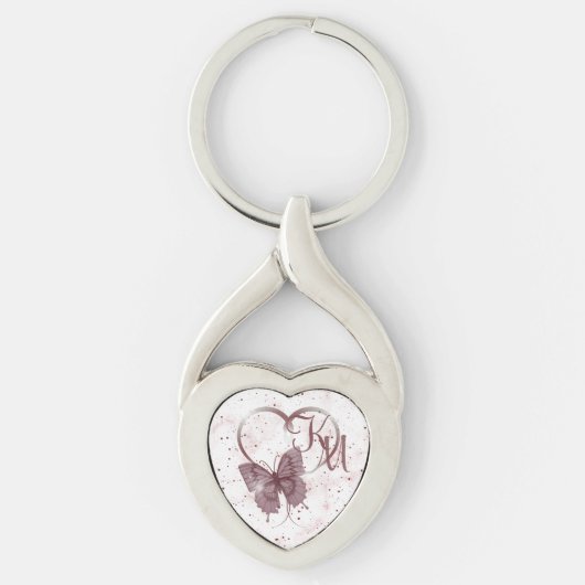 Elegant Roos Roze Butterfly, Heart Marble Monogram Sleutelhanger (Voorkant)