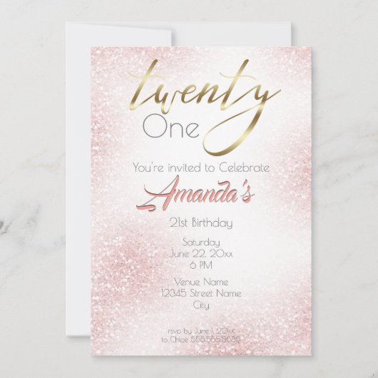 Elegant Roos roze en goudglitter 21st Kaart (Voorkant)