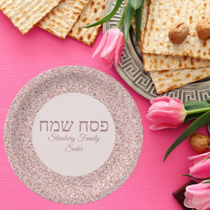 Elegant Roos Roze Glitter Hebreeuws Happy Passover Papieren Bordje