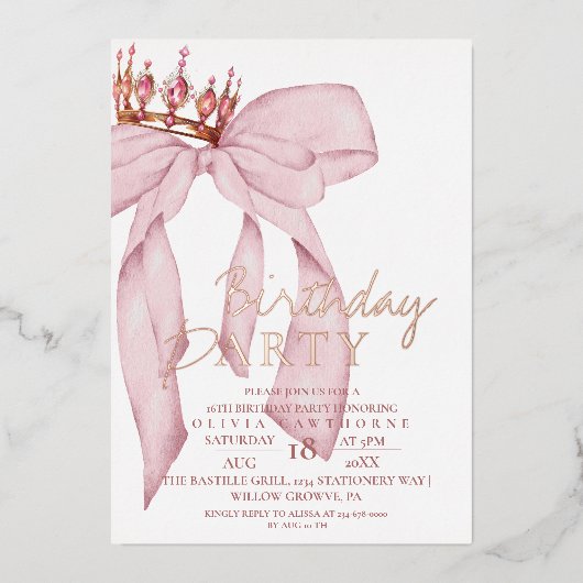 Elegant Roos Roze Gouden Boog Verjaardagsfeest Folie Uitnodiging (Voorkant)