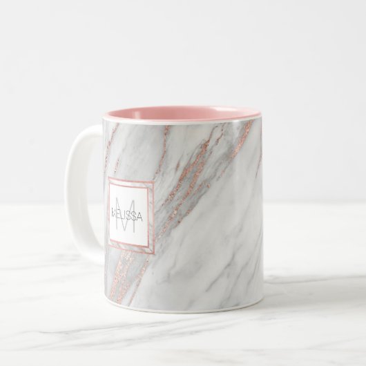 Elegant Roos roze goudkleurig marmer grijze MONOGR Tweekleurige Koffiemok (Voorkant links)