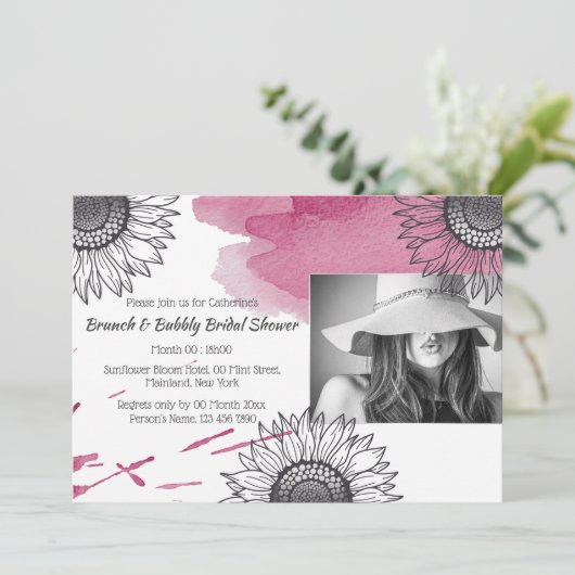 Elegant roos roze grijs DIY foto zonnebloem partij Kaart (Staand voorkant)