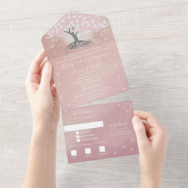 Elegant Roos Roze Heart Leaf Tree Weddenschap All In One Uitnodiging