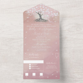 Elegant Roos Roze Heart Leaf Tree Weddenschap All In One Uitnodiging