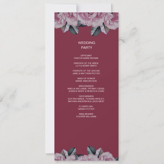 Elegant Roos Roze Romantisch Bloemen Trouwprogramm Kaart (Achterkant)