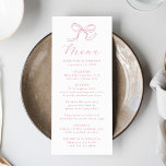 Elegant Roos Roze strik bruiloft Menu<br><div class="desc">Voeg een romantisch en verfijnd tintje toe aan uw huwelijksreceptie met dit roos roze boeg huwelijksmenu. Het ontwerp is voorzien van een delicate handgetekende boog in een warme rozen tint, gecombineerd met "Menu" geschreven in elegante kalligrafie aan de bovenkant. Personaliseer het met uw namen, trouwdatum en menuselecties om bij uw...</div>
