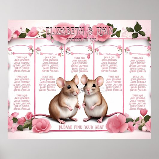 Elegant Roos Roze Trouwtafel Plan Poster (Voorkant)