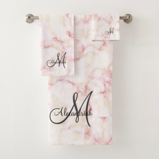 Elegant Roos roze witte marmer zwart monogram Bad Handdoek (Insitu)