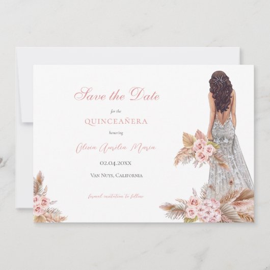 Elegant Roos Script Pampas Grass Quinceañera Save The Date (Voorkant)