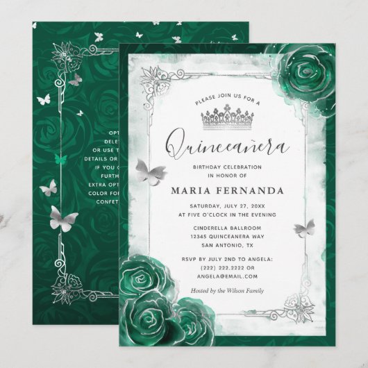 Elegant Roos Silver Green Quinceanera Kaart (Voorkant / Achterkant)