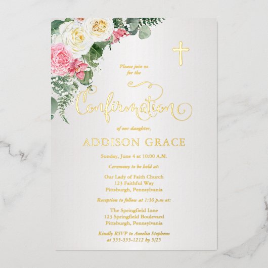 Elegant Roos tuin - meisjesbevestiging - goud Folie Uitnodiging (Voorkant)