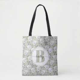 Elegant Roos Tuin Monogram Sage Groen Tote Bag