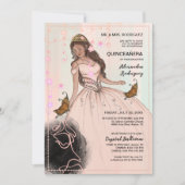 Elegant Roos & Vlinder Roze Zwart Quinceañera Kaart (Voorkant)