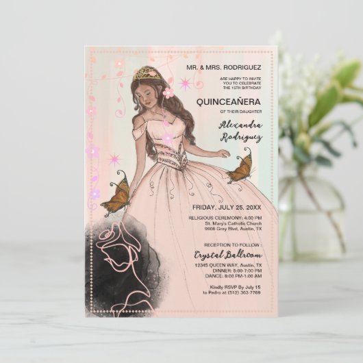 Elegant Roos & Vlinder Roze Zwart Quinceañera Kaart (Staand voorkant)