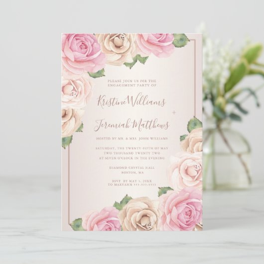 Elegant Roos Waterverf Floral Engagement Party Kaart (Staand voorkant)