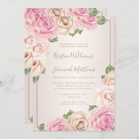 Elegant Roos Waterverf Floral Engagement Party Kaart (Voorkant / Achterkant)
