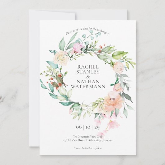Elegant Roos Waterverf Garland Floral Wedding Save The Date (Voorkant)