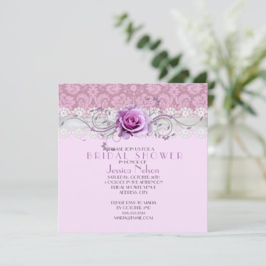 Elegant Roos wervelt lint Damask Vrijgezellenfeest Kaart (Staand voorkant)