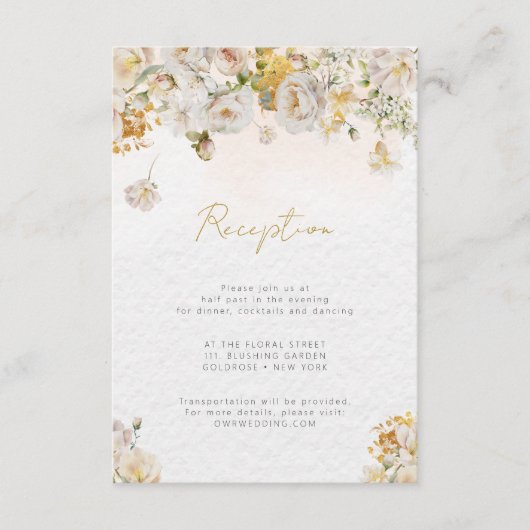 Elegant Roos White Gold Floral Reception Kaart (Voorkant)