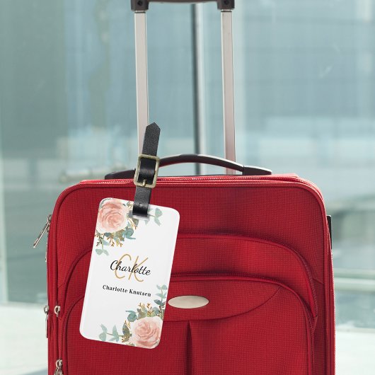 Elegant roosgouden bloemenmonogram bagagelabel