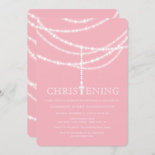Elegant Rosary Cross Sparkles Christening Invite Kaart (Voorkant / Achterkant)