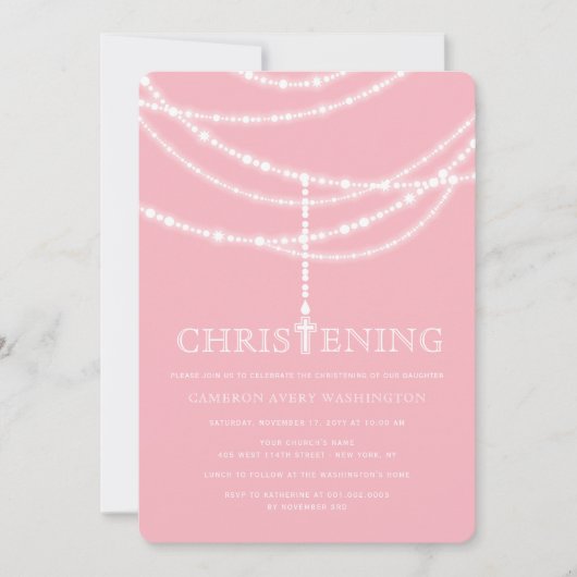 Elegant Rosary Cross Sparkles Christening Invite Kaart (Voorkant)