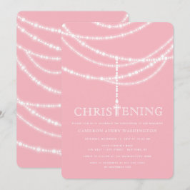 Elegant Rosary Cross Sparkles Christening Invite Kaart