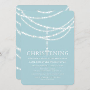 Elegant Rosary Cross Sparkles Christening Invite Kaart