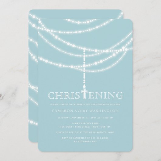 Elegant Rosary Cross Sparkles Christening Invite Kaart (Voorkant / Achterkant)