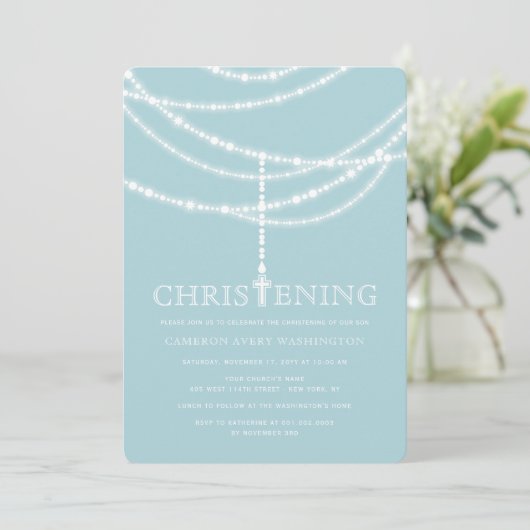 Elegant Rosary Cross Sparkles Christening Invite Kaart (Staand voorkant)
