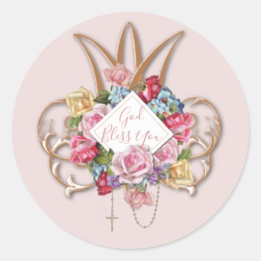 Elegant Rosary Rozen Floral God Bless Ronde Sticker (Voorkant)