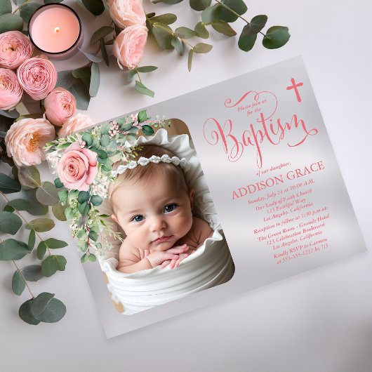 Elegant Rose Garden - Girl Baptism Acryl Uitnodigingen
