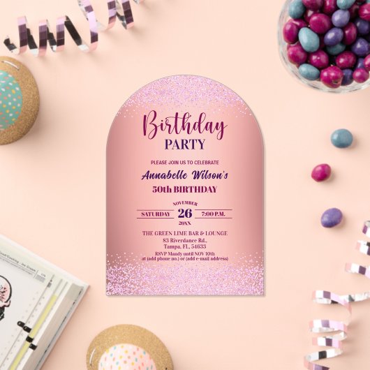 Elegant Rose Glitter Metallic Pink 50th Birthday  Acryl Uitnodigingen (Insitu (Viering))
