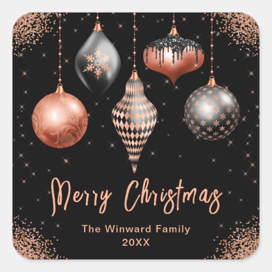 Elegant Rose Gold and Black Ornament Christmas Vierkante Sticker (Voorkant)