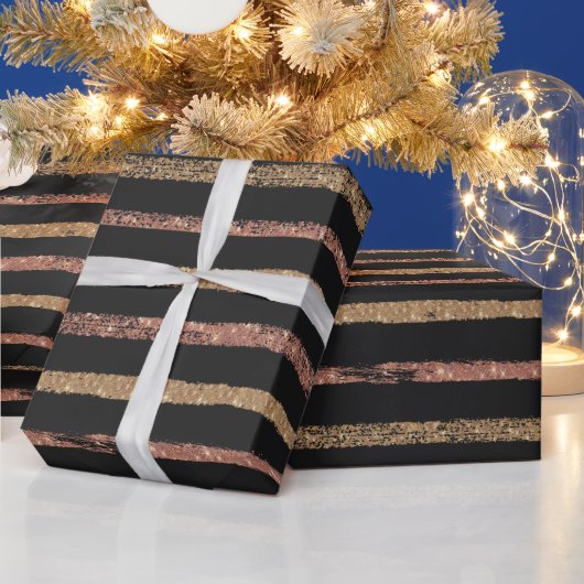 Elegant Rose Gold & Black Striped Cadeaupapier (Feestdagen)