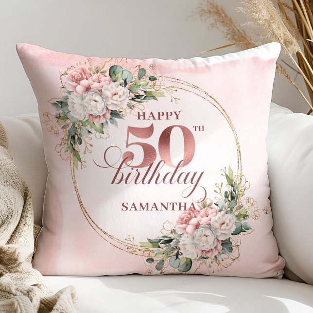 Elegant Rose Gold Blush Floral 50th Birthday Gift Kussen (Elegant Rose Gold Blush Floral 50th Birthday Pillow Gift

)