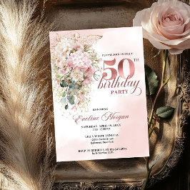 Elegant Rose Gold Blush Floral 50th Birthday Party Kaart