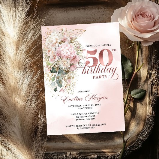 Elegant Rose Gold Blush Floral 50th Birthday Party Kaart