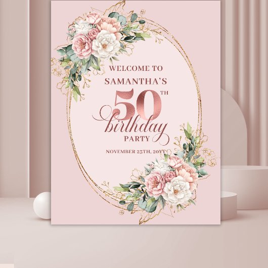 Elegant Rose Gold Blush Floral 50th Birthday Wandkleed