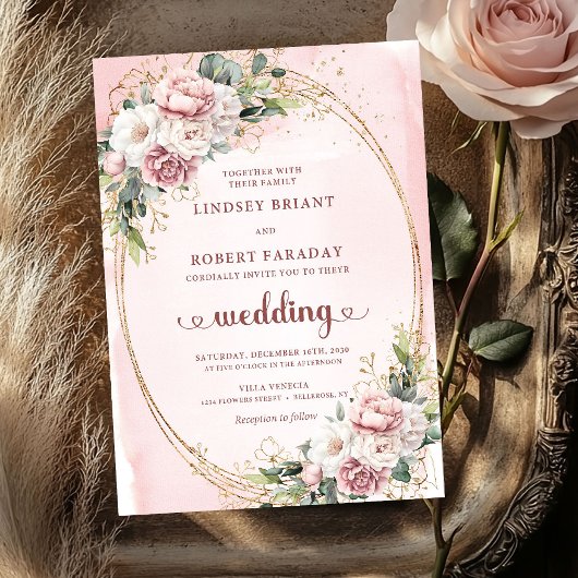 Elegant Rose Gold Blush Garden Wedding Invitation Kaart