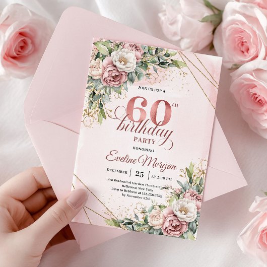 Elegant Rose Gold Boho Floral 60th Birthday Invitw Kaart