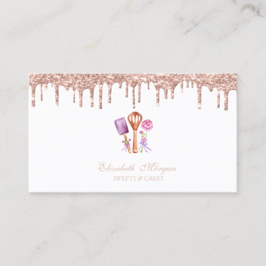 Elegant Rose Gold Drips Bakery Tools Flowers Visitekaartje (Voorkant)