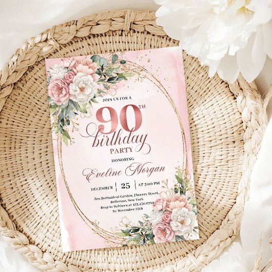 Elegant Rose Gold Eucalyptus 90th Birthday Invite Kaart