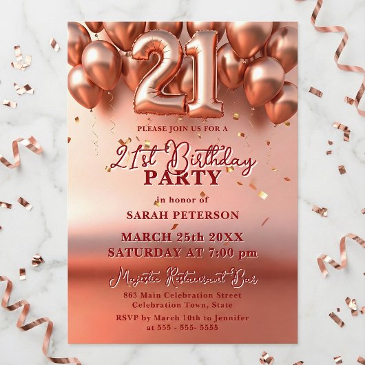 Elegant Rose Gold Faux Foil Balloons 21st Birthday Kaart