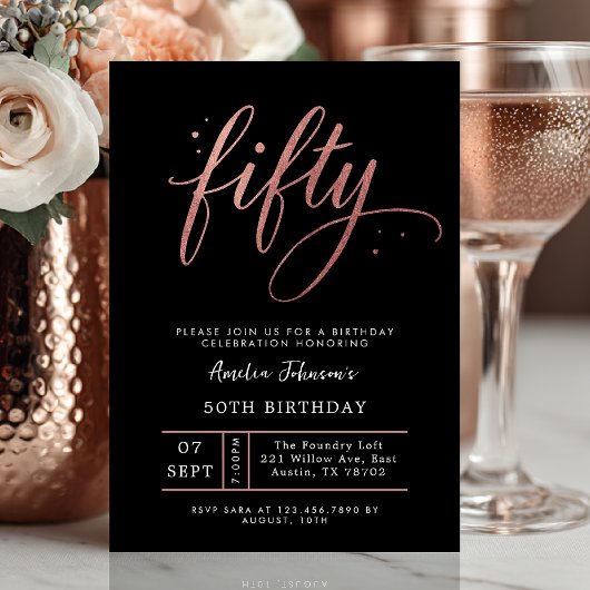 Elegant Rose Gold Fiftieth 50th Birthday Invitatio Kaart